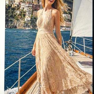 ANTICA SARTORIA 2026 CHIC HALTER BACKLESS CREAM NUDE LACE DRESS NWT O/S